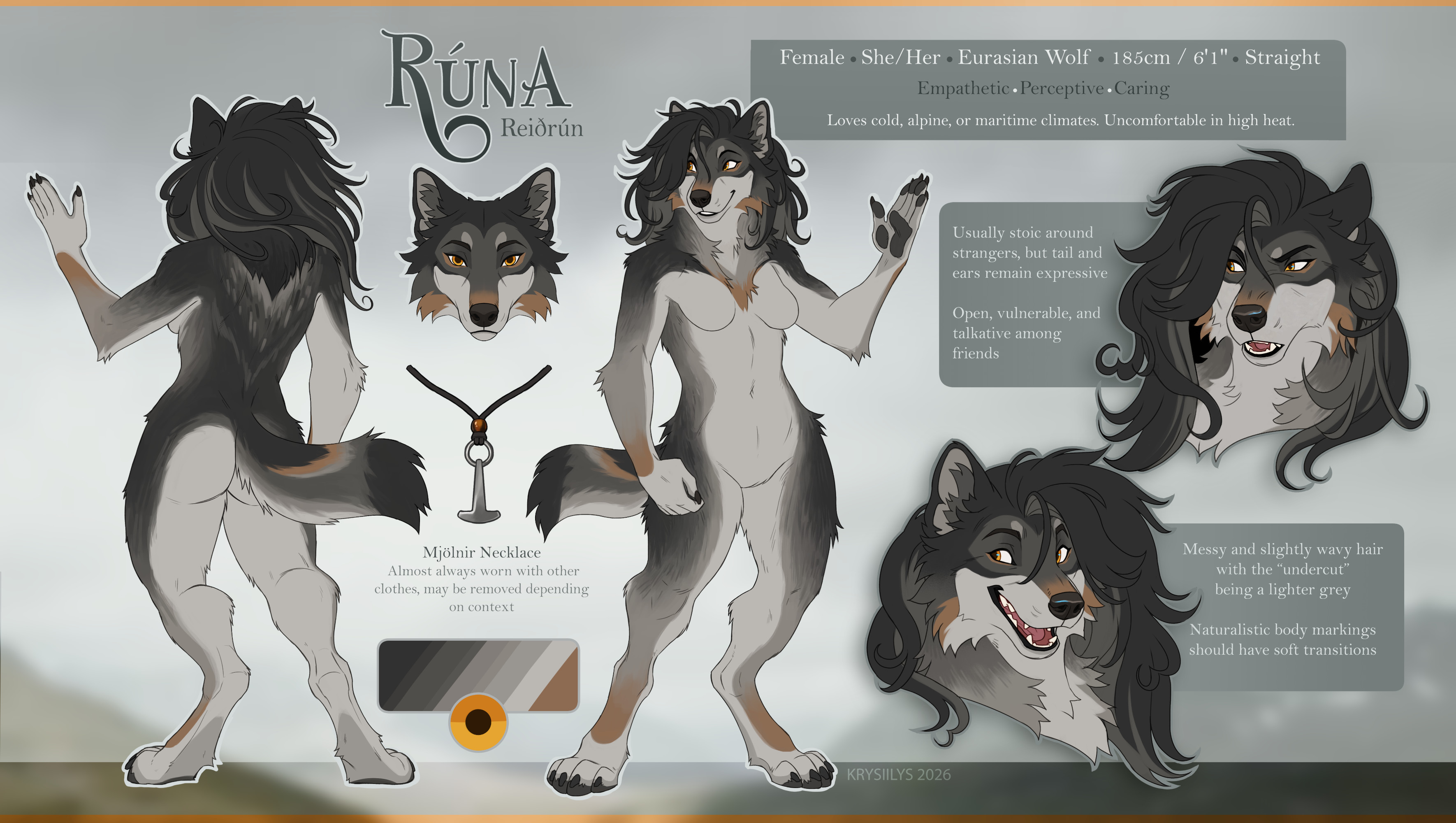 a character reference sheet showing the design of Rúna (Reiðrún)